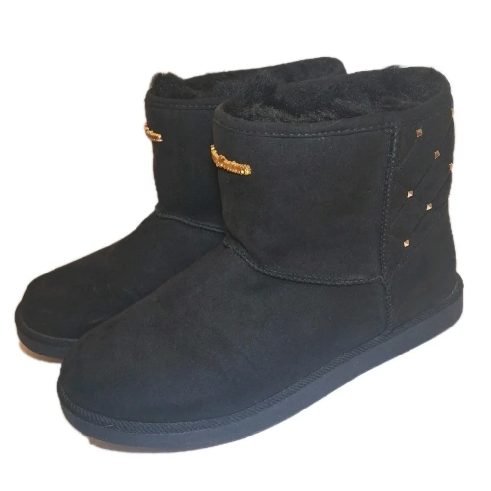 Juicy Couture Kingle Black Faux Fur Lined Gold Studded Ankle Boots Womens Size 9